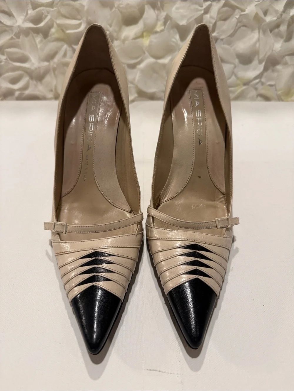 Via Spiga Beige and Black Pointed Toe Pumps with Layered Front